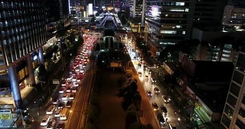 Modern city night view with traffic jam center of Bangkok Stock Footage 86738599