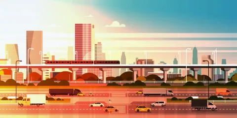 Modern City Over Sunset Background Cityscape With Highway Road And Subway Over Ilustração Stock