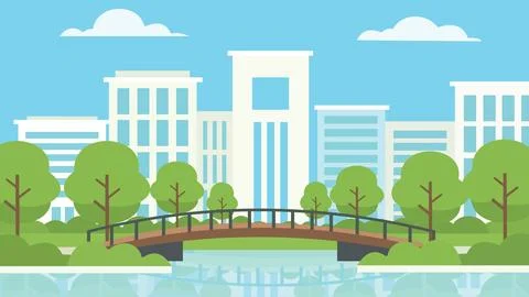 Modern City Park Bridge Spring Stock Illustration