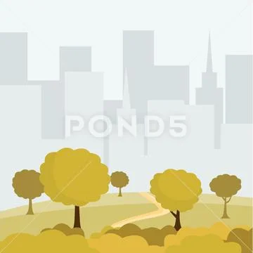 Modern city park cartoon vector illustration. Green trees and bushes walkway Stock Illustration