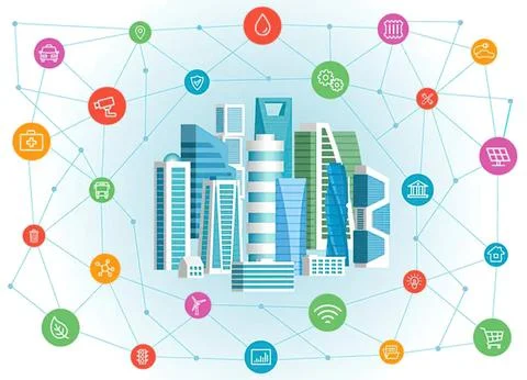 Modern city skyline with connected technology icons Stock Illustration