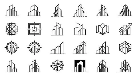Modern city skyline logo bundle with growth arrow indicators. Stock Illustration