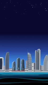 Modern City Skyline at Night with Starry Sky and Waterfront Stock Illustration