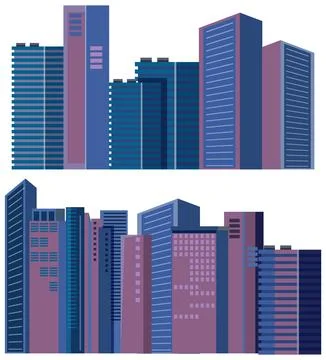 Modern City Skyline Vector Illustration with Blue and Purple Skyscrapers イラスト素材