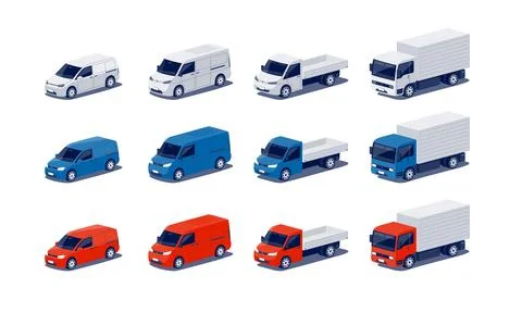 Modern city small compact cargo delivery cars with minivan and light duty t.. Stock Illustration