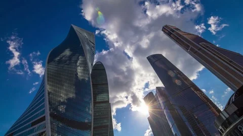 Modern city steel glass high rise building skyscrapers Stock Footage