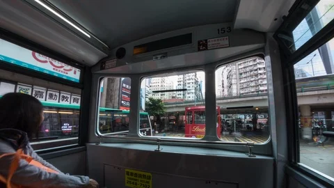 Modern City Traffic inside Tramway. Time Lapse. Hong Kong Stock Footage 92083575