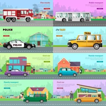 Modern City Transport Flat Vector Web Banners Set Stock Illustration