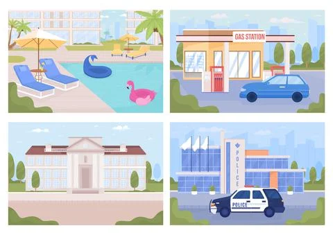 Modern city view and poolside flat color vector illustrations set Stock Illustration