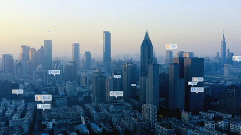 Modern city with wireless network connection concept Stockbeeldmateriaal 128585647