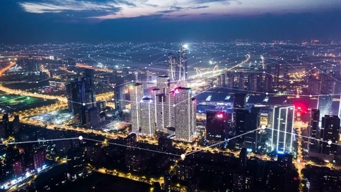 Modern city with wireless network connection concept Stockbeeldmateriaal 128588188