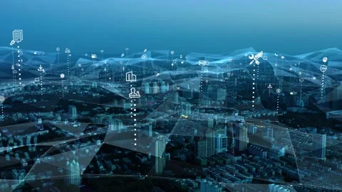 Modern city with wireless network connection concept Stockbeeldmateriaal 142626704