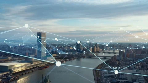 Modern cityscape and communication network concept. Telecommunication. Internet  Stock Footage 147566921
