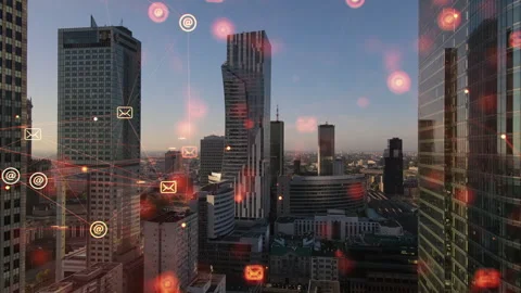 Modern cityscape and communication network concept. Telecommunication. Stock Footage 253485910
