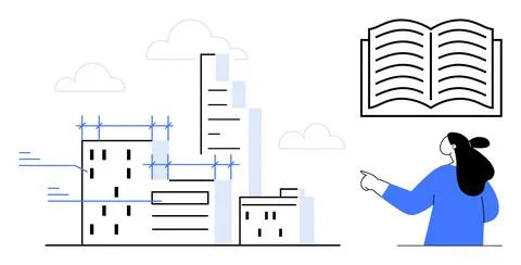 Modern Cityscape and Learning Concept with Skyscrapers and Open Book Illustrazione stock