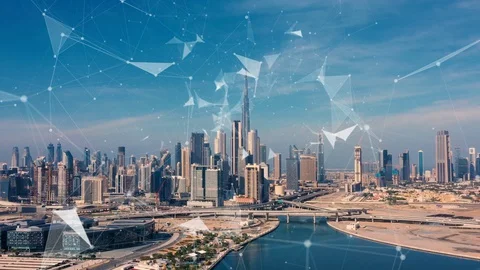 Modern cityscape and linking communication network in Dubai UAE, communication Stock Footage 129329591