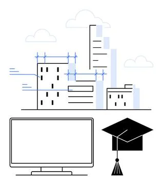Modern Cityscape with Construction Elements, Computer Monitor, and Graduati.. Stock Illustration