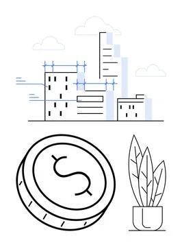 Modern Cityscape with Construction Elements, Dollar Coin, and Potted Plant Illustrazione stock