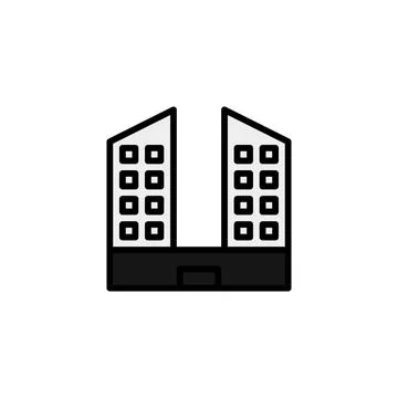 Modern cityscape icon design showcasing twin skyscraper buildings with mini.. Ilustración de archivo