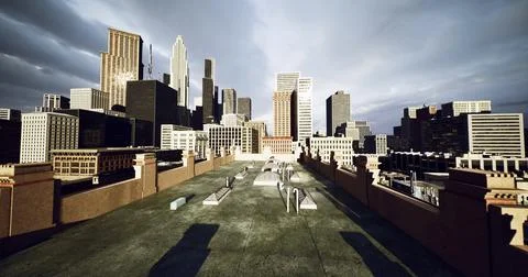 Modern cityscape under dramatic sky showing urban architecture and skyline Illustrazione stock