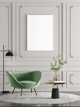 Modern classic interior empty frame armchair,pillows,side table with vase an Stock Illustration