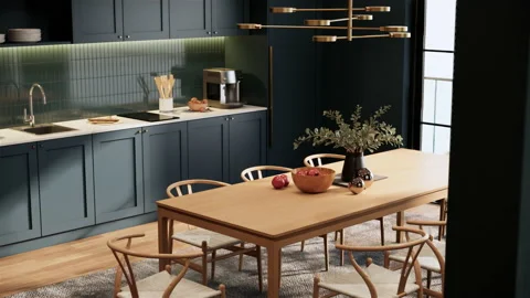 Modern classic interior of kitchen-dining room. 3d animation Stock Footage 237506842