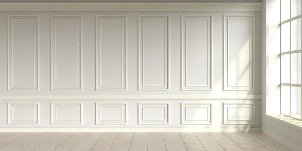 Modern classic white empty interior with wall panels and wooden floor. 3d render Illustrazione stock
