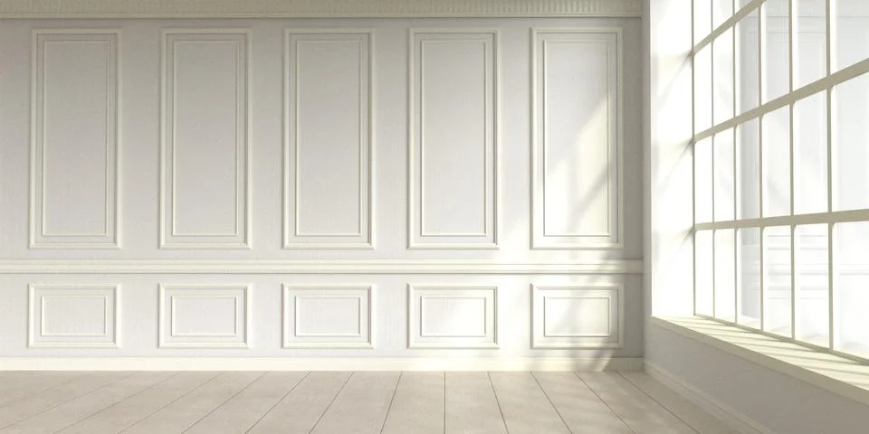 Modern classic white empty interior with wall panels and wooden floor. 3d render Stock Illustration