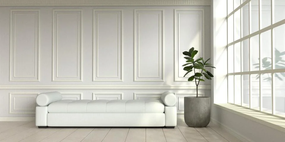 Modern classic white empty interior with wall panels and wooden floor. 3d render Illustrazione stock