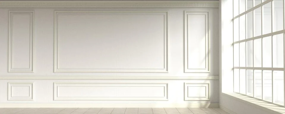 Modern classic white empty interior with wall panels and wooden floor. 3d render Illustrazione stock
