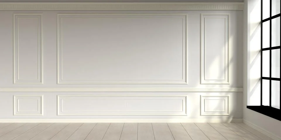 Modern classic white empty interior with wall panels and wooden floor. 3d render Stock Illustration