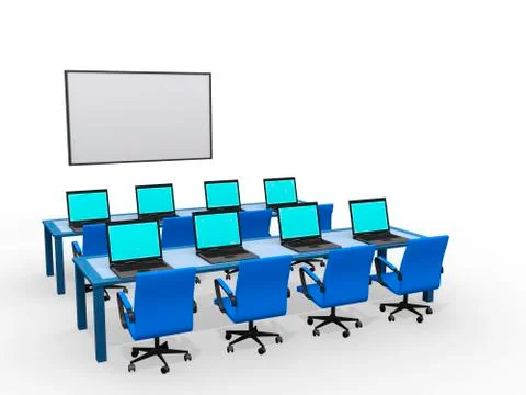Modern classroom with computers, 3d render Stock Illustration