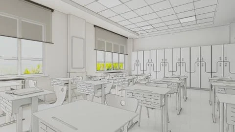 Modern classroom design draw 3D rendering Stock Illustration