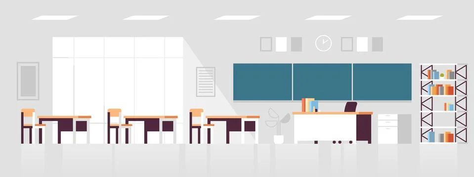 Modern classroom interior empty no people school class room with board chairs Stock Illustration