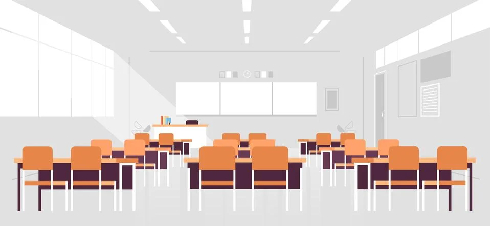 Modern classroom interior empty no people school class room with board and desks Stock Illustration