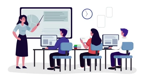 A Modern classroom scene with a teacher engaging a group of students. Stock Footage 286370459