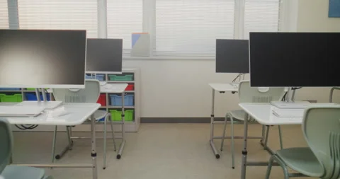 Modern Classroom Setup with PC Monitors for Students to Practice Coding, Design Video stock 316292632