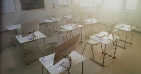 Modern Classroom Setup with PC Monitors for Students to Practice Coding, Design Stock Footage 316299667