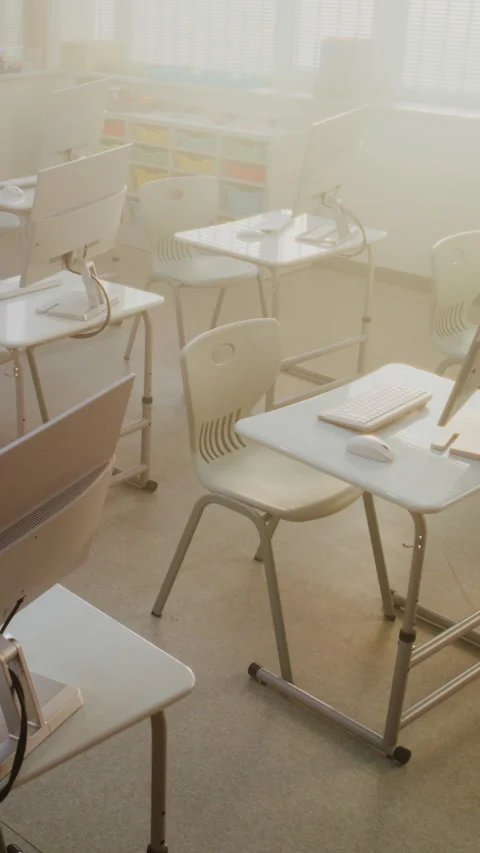 Modern Classroom Setup with PC Monitors for Students to Practice Coding, Design Stock Footage 317171572