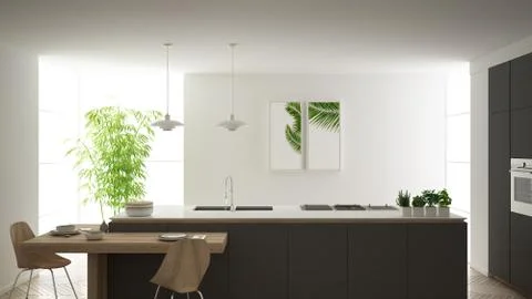 Modern clean contemporary gray kitchen, island and wooden dining table with c Stock Illustration