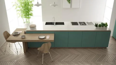 Modern clean contemporary turquoise kitchen, island and wooden dining table w Stock Illustration