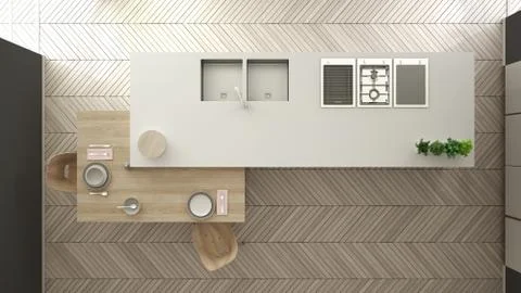 Modern clean contemporary white kitchen, island and wooden dining table with  Illustrazione stock