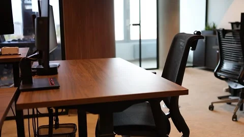Modern clean office work space computer station monitor Stock Footage 333942206