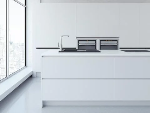 Modern clean white kitchen. 3d rendering 库存插图