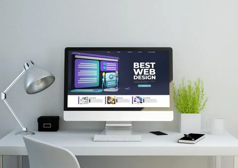 Modern clean workspace with responsive design website on screen Stock Illustration