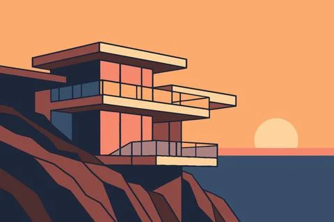 Modern cliffside house overlooking ocean at sunset minimalist style Illustration