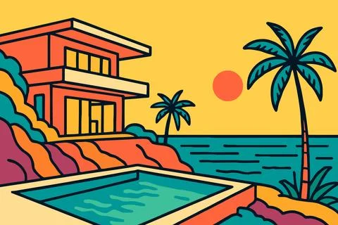 Modern cliffside villa with infinity pool overlooking the ocean Stock Illustration