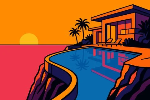 Modern cliffside villa with infinity pool overlooking ocean sunset Illustration