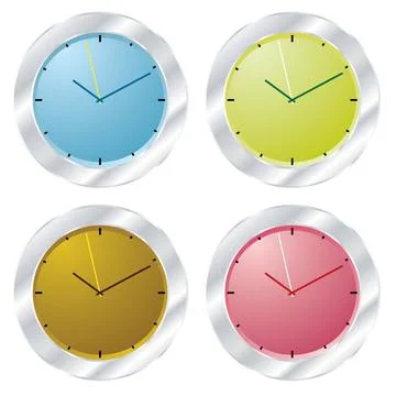 Modern clock set of clocks with silver bevel and different coloured faces ... Stock Photos