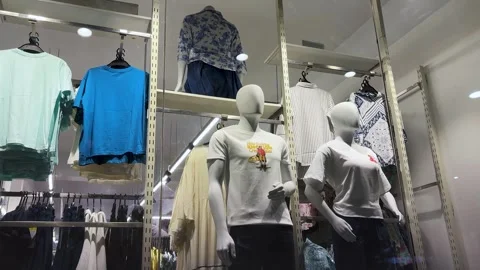 Modern Clothing Store Showcase Featuring Mannequins In Casual Fashion Outfits Stock Footage 340957709